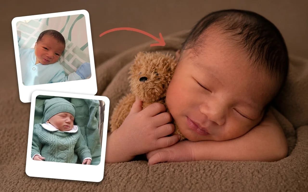 Foto de celular do bebê ao lado do ensaio newborn temático gerado a partir dela